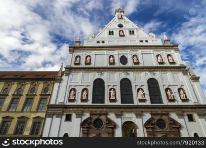 Looking up at front of Catholic Jesuit Church of Saint Michael, Neuhauser Str, Munich, Bavaria, Germany, Europe.