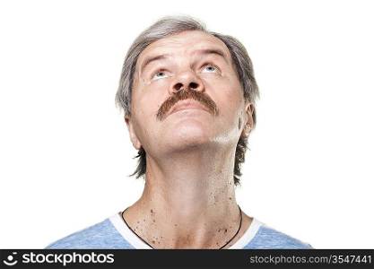 looking up mature caucasian man isolated on white background