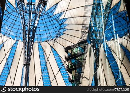 looking up the spectacular roof of the Sony Center in Berlin, germany