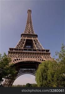 Looking upward at the Eiffel Tower