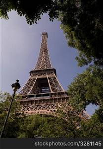 Looking upward at the Eiffel Tower