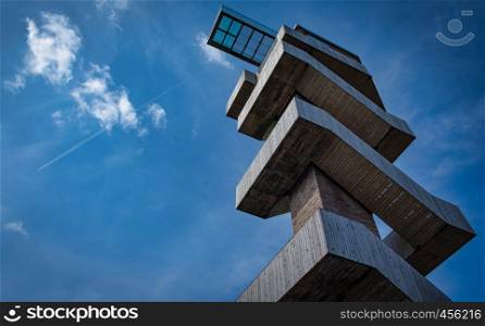 Lookout platform on a watchtower against blue sky at the three border point in Vaals, the Netherlands in the summer
