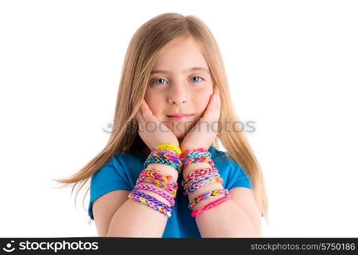 Loom rubber bands bracelets blond kid girl hands on face on white background