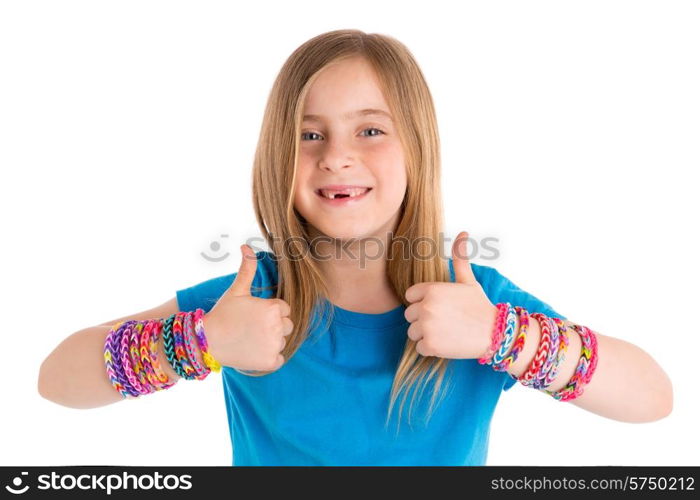 Loom rubber bands bracelets blond kid girl OK thumbs fingers gesture on white