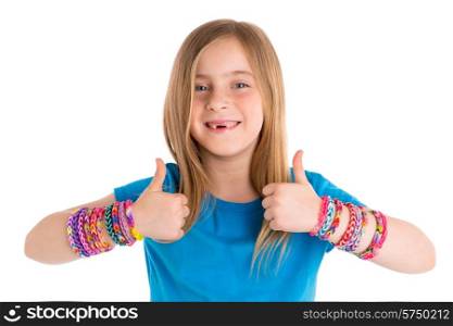 Loom rubber bands bracelets blond kid girl OK thumbs fingers gesture on white