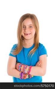 Loom rubber bands bracelets blond kid girl smiling crossed arms on white background