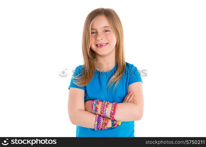 Loom rubber bands bracelets blond kid girl smiling crossed arms on white background