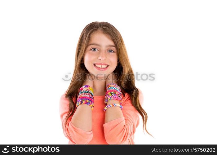 Loom rubber bands bracelets blond kid girl smiling hands in neck on white background