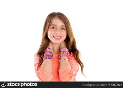 Loom rubber bands bracelets blond kid girl smiling hands in neck on white background