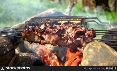 Loopable cooking of shish kebab or shashlik outdoors. Time lapse