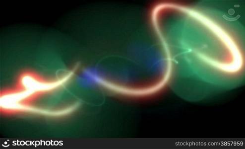 Looping animation with randomly moving lights leaving a glowing light trail over a black background