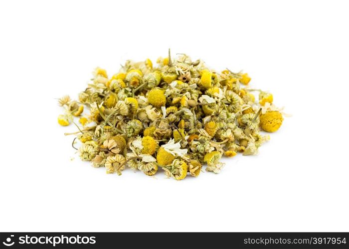 Loose chamomile tea isolated on white background