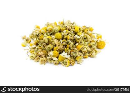 Loose chamomile tea isolated on white background