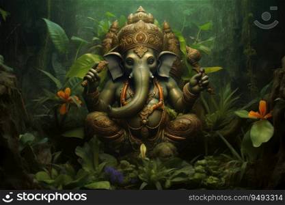 Lord Ganesha sitting in meditating yoga pose in jungle.