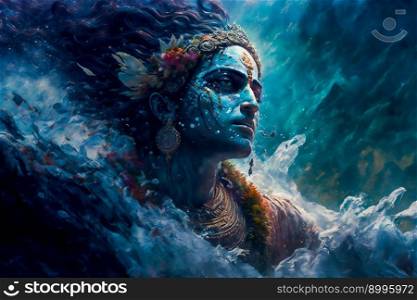  Lord Krishna Underwater.  Happy Janmashtami holiday Indian festival greeting background.  Ima≥created with Ge≠rative AI technology 