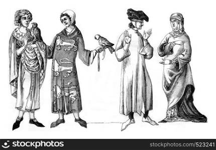 Lords, Bourgeois and Bame widow, vintage engraved illustration. Magasin Pittoresque 1846.