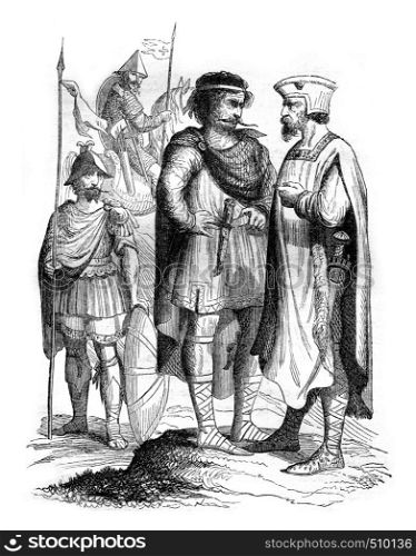 Lords of the court of Charles the Bald, vintage engraved illustration. Magasin Pittoresque 1843.