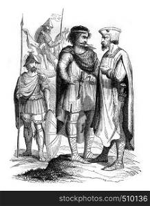 Lords of the court of Charles the Bald, vintage engraved illustration. Magasin Pittoresque 1843.