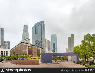 LOS ANGELES - APRIL 22: Pershing Square panoramic view on April 22, 2014 in Los Angeles, California. It&rsquo;s a public park in downtown Los Angeles. The park is exactly one square block in size.