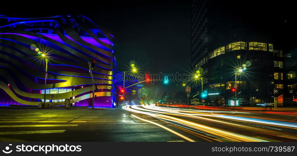 Los Angeles, California, USA, November, 2018: The Petersen Automotive Museum is located on Wilshire Boulevard at night