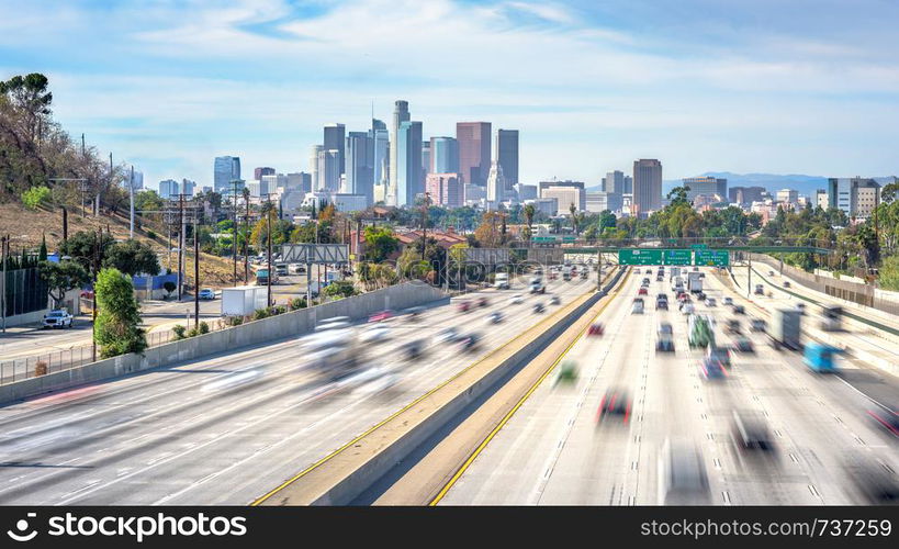 Los Angeles City Freeway Traffic At Sunny Day