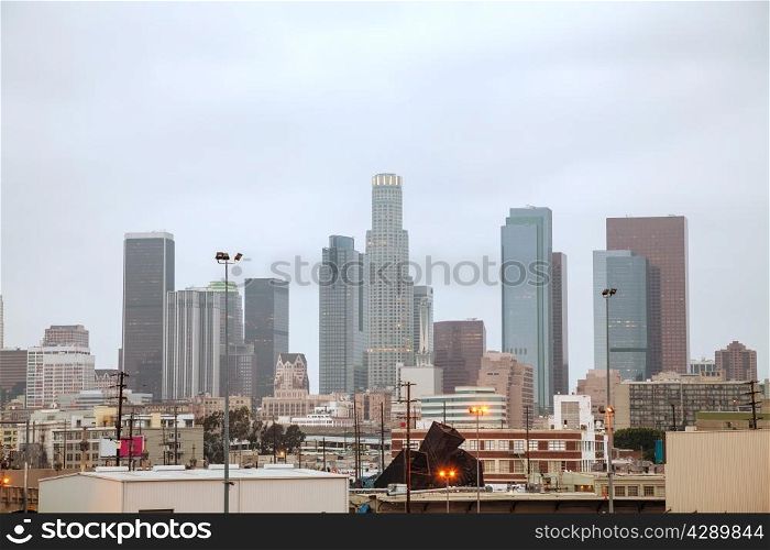 Los Angeles cityscape in the foggy evening