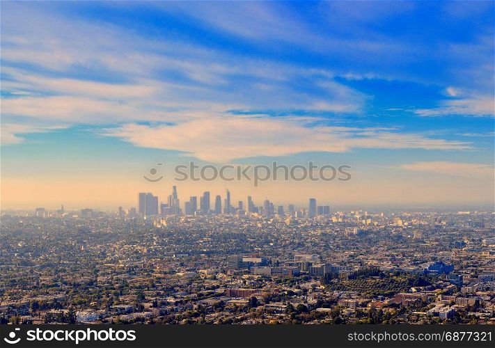 Los Angeles downtown skyline at sunrise.