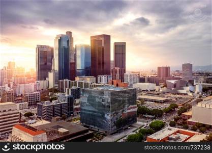 Los Angeles downtown skyline at sunset