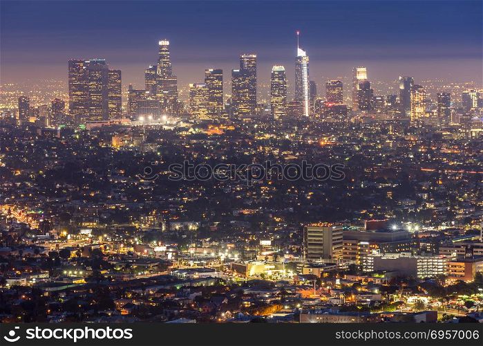 Los Angeles Downtown sunset aerial view, California, USA. Los Angeles Downtown sunset