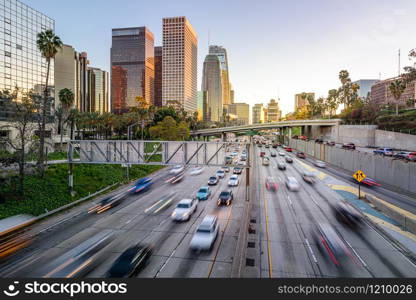 Los Angeles freeway traffic at sunset