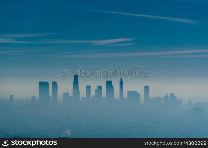 Los Angeles misty skyline, California, USA.