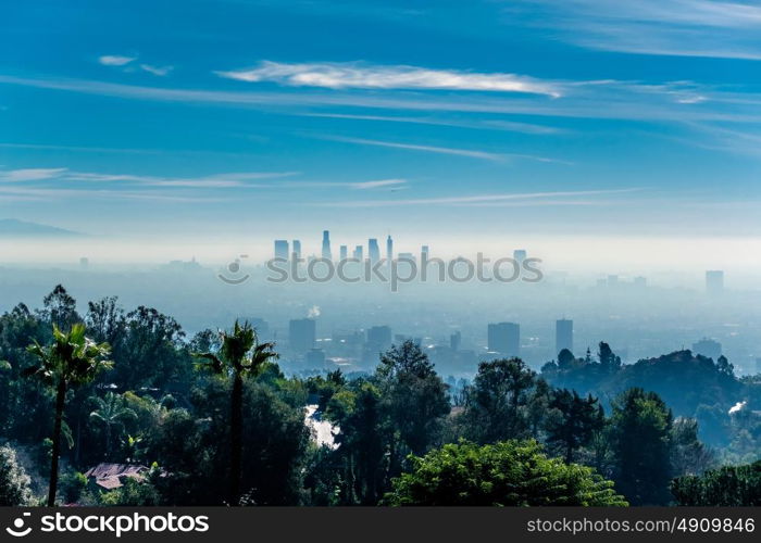 Los Angeles misty skyline, California, USA.