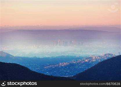 Los Angeles. Sunrise in Los Angeles, view from above