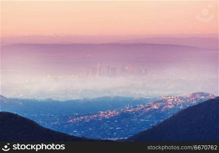 Los Angeles. Sunrise in Los Angeles, view from above