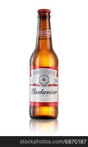 LOS ANGELES ,USA - JULY 3, 2017 : Photo of bottle of Budweiser beer on white background with reflection, an American lager first introduced in 1876