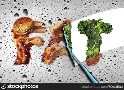Lose fat nutrition concept as a wiper wiping away a group of fatty greasy junk food revealing healthy green vegetables and fruit as a detox and cleansing your diet symbol with 3D illustration elements.