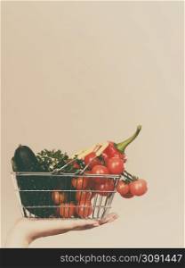 Lose weight, buying healthy food, vegetarian products. Hand holding shopping basket with vegetables, on grey. Hand holds shopping cart with vegetables
