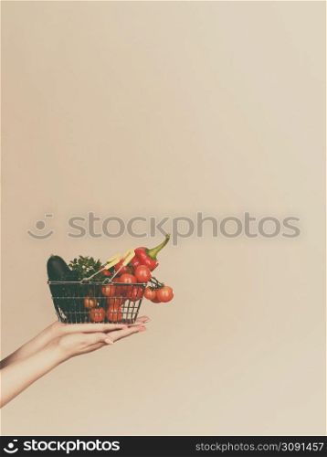 Lose weight, buying healthy food, vegetarian products. Hand holding shopping basket with vegetables, on grey. Hand holds shopping cart with vegetables