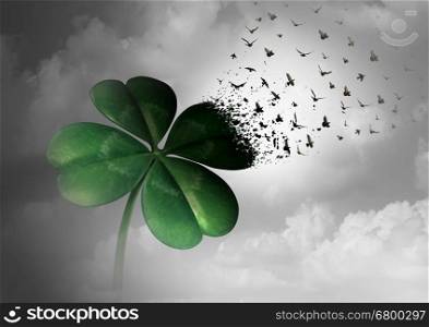 Losing luck or spreading good fortune concept as a four leaf clover transforming into flying birds as a surreal communication metaphor for financial and life success or decay loss and failure with 3D illustration elements.