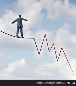 Losing Profit risk and Investment danger as a financial and business concept or metaphor facing wealth adversity as a businessman walking on a high wire tight rope shaped as a negative and downward stock market sell graph.
