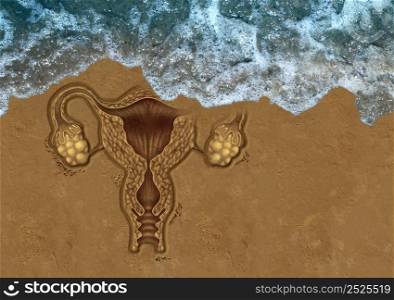 Losing reproductive rights and restrictive abortion laws or fertility issues as a human uterus drawing in the sand being erased by waves of water in a 3D illustration style.