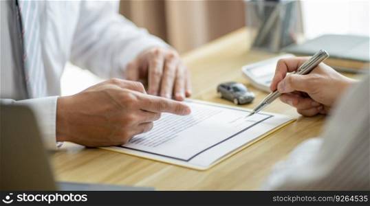 Loss Adjuster Insurance Agent Inspecting Damaged Car.  Sales manager giving advice application form document considering mortgage loan offer for car  insurance.