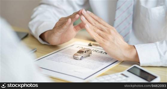 Loss Adjuster Insurance Agent Inspecting Damaged Car.  Sales manager giving advice application form document considering mortgage loan offer for car  insurance.