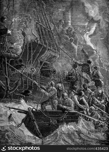Loss of Acteon. They set fire to the ship, vintage engraved illustration. Journal des Voyages, Travel Journal, (1879-80).