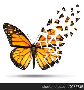 Loss of mobility and degenerative health loss concept and losing freedom from mobiliy due to injury ormedical disease represented by a monarch butterfly with broken and fading wings on a white background.