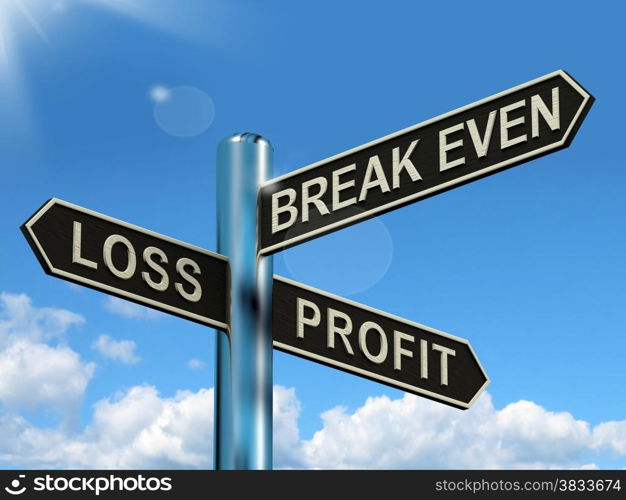 Loss Profit Or Break Even Signpost Showing Investment Earnings And Profits. Loss Profit Or Break Even Signpost Shows Investment Earnings And Profits
