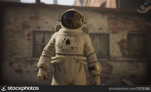 Lost Astronaut near Abandoned Industrial Buildings of Old Factory