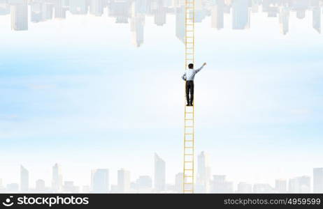 Lost between two worlds. Businessman standing on ladder between two urban realities