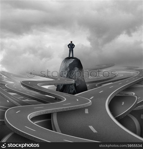 Lost business concept as a businessman standing on a rock with a group of twisted 3d illustration roads and pathways as a metaphor for corporate or personal adversity.