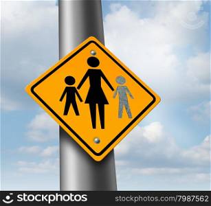 Lost child or missing kid concept with a mother and children icon on a traffic sign with an empty paint spot as a symbol of parents losing their children in a failed adoption or despair.